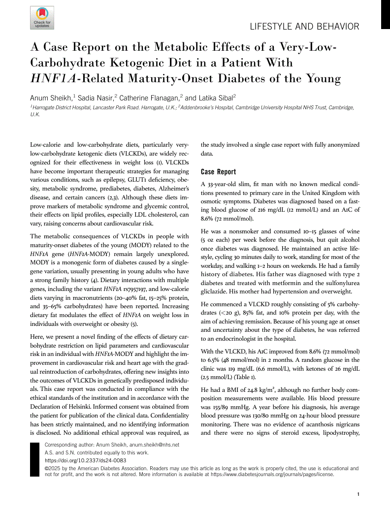 First page of A Case Report on the Metabolic Effects of a Very-Low-Carbohydrate Ketogenic Diet in a Patient With <italic>HNF1A</italic>-Related Maturity-Onset Diabetes of the Young